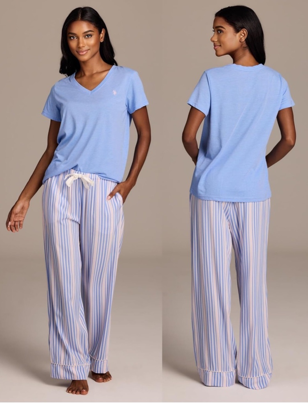 U.S. Polo Assn. Light Blue V-Neck Top with Blue & White Striped Pajama Pants - Picture 2 of 12